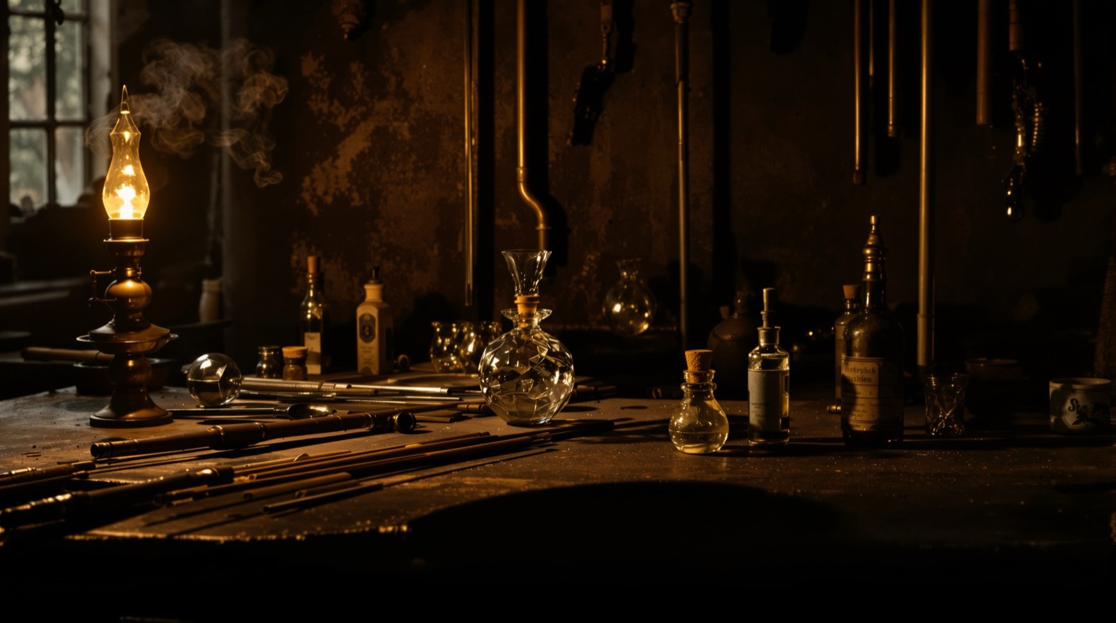 A glassblower's bench at night, lit by a single oil lamp