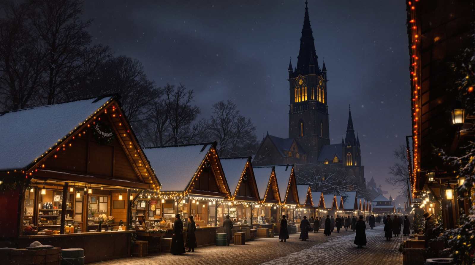 A German Christmas market at dusk in the 1890s, lantern-lit stalls beneath a cathedral tower, rendered in the hand-tinted photochrom manner