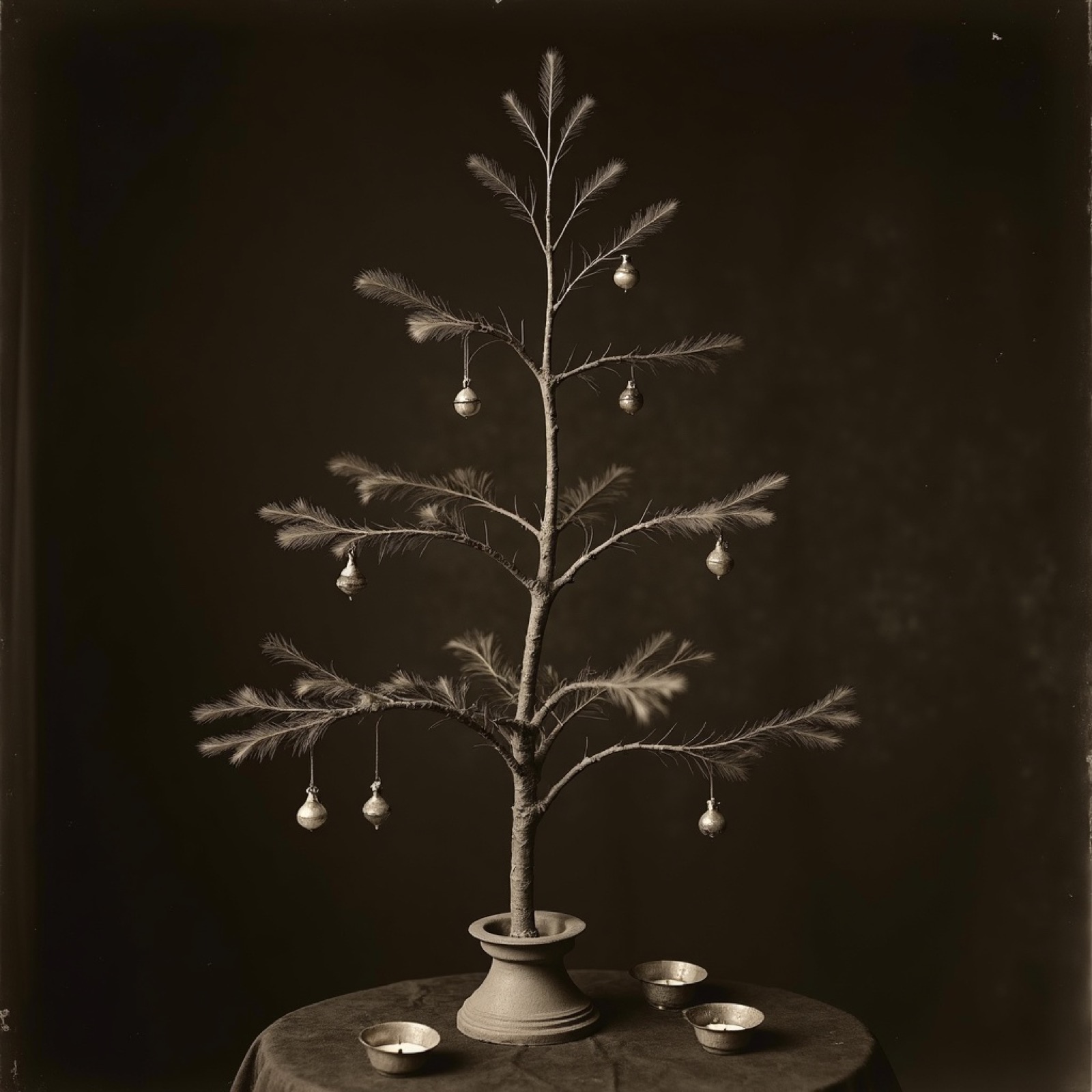 An antique feather tree with a few glass ornaments and candles, in the tone of an old albumen print