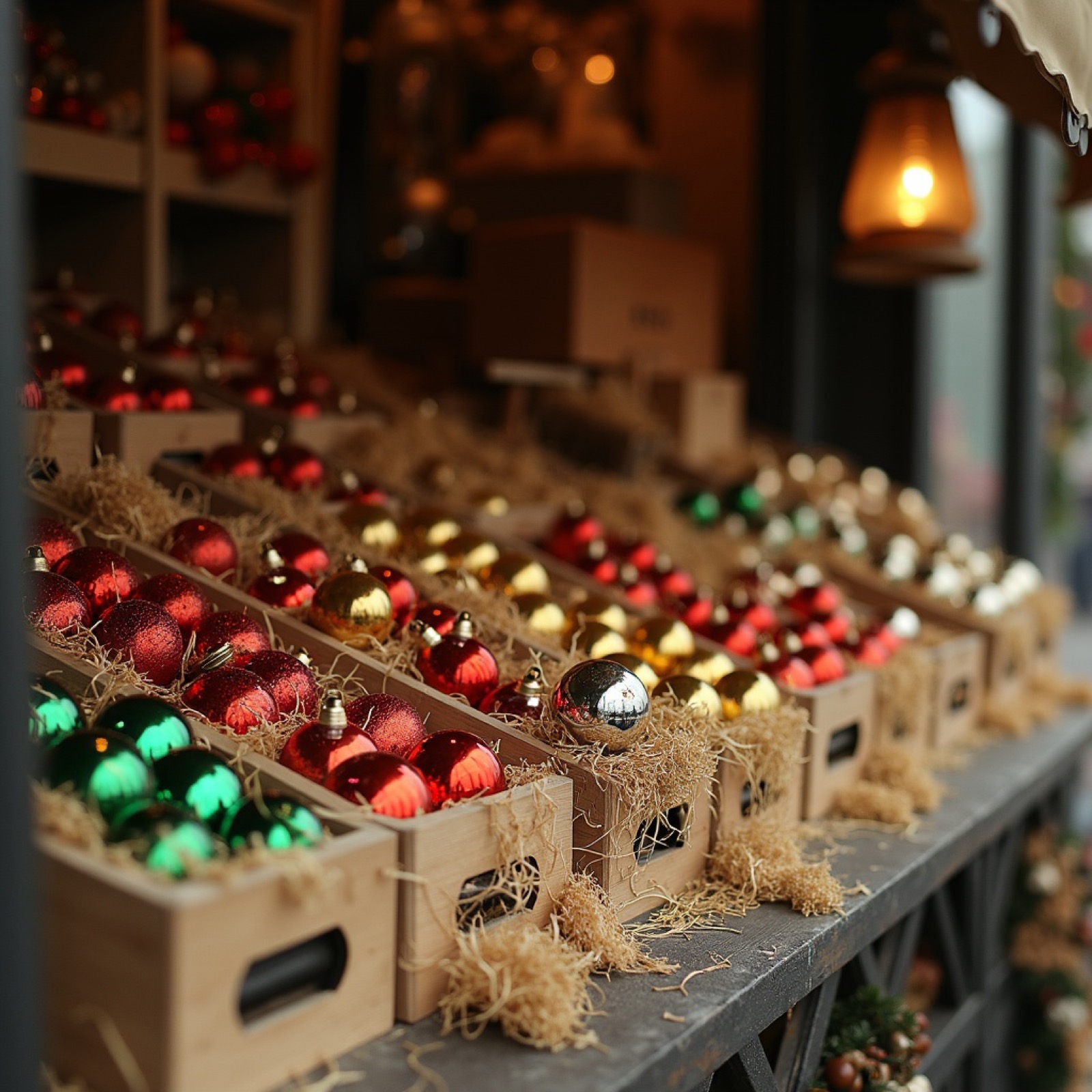 Crates of colored glass ornaments nested in paper shavings on a market stall