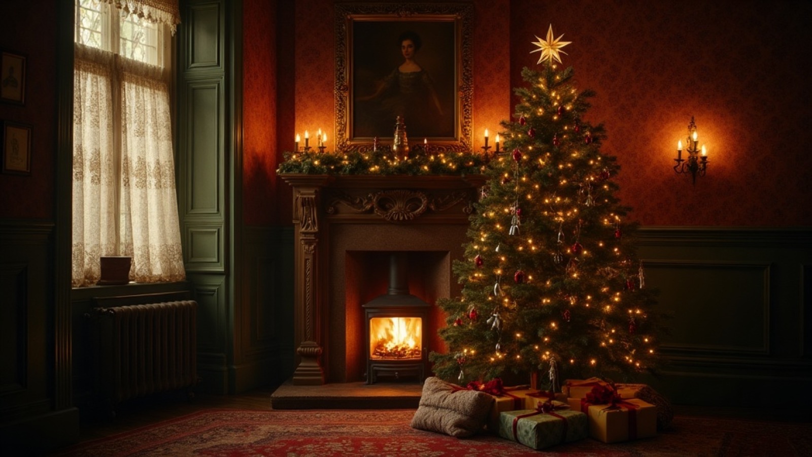 A candlelit Victorian parlor with a decorated Christmas tree, 1895