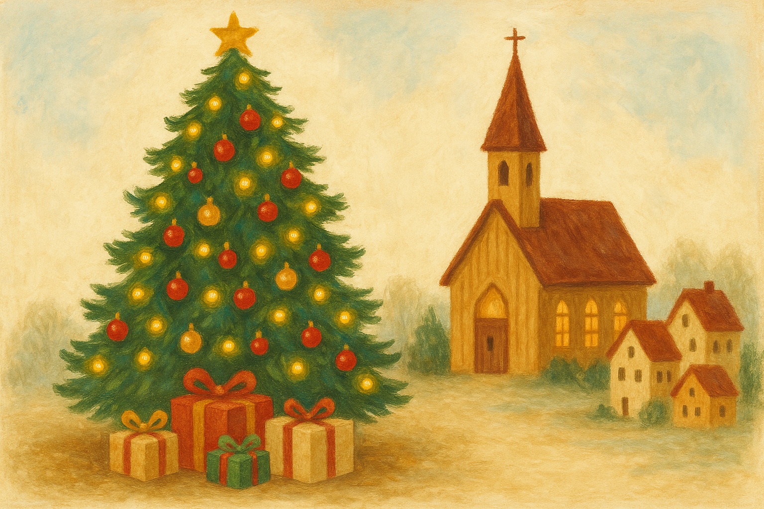 Painterly illustration of a glowing Christmas tree decorated with red and gold ornaments and warm lights, wrapped gifts beneath it, with a small folk-art village beside it under soft snow.
